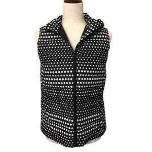 Talbots Down Feather Puffer Vest Black White Polka Dot Medium Petite Zip Preppy